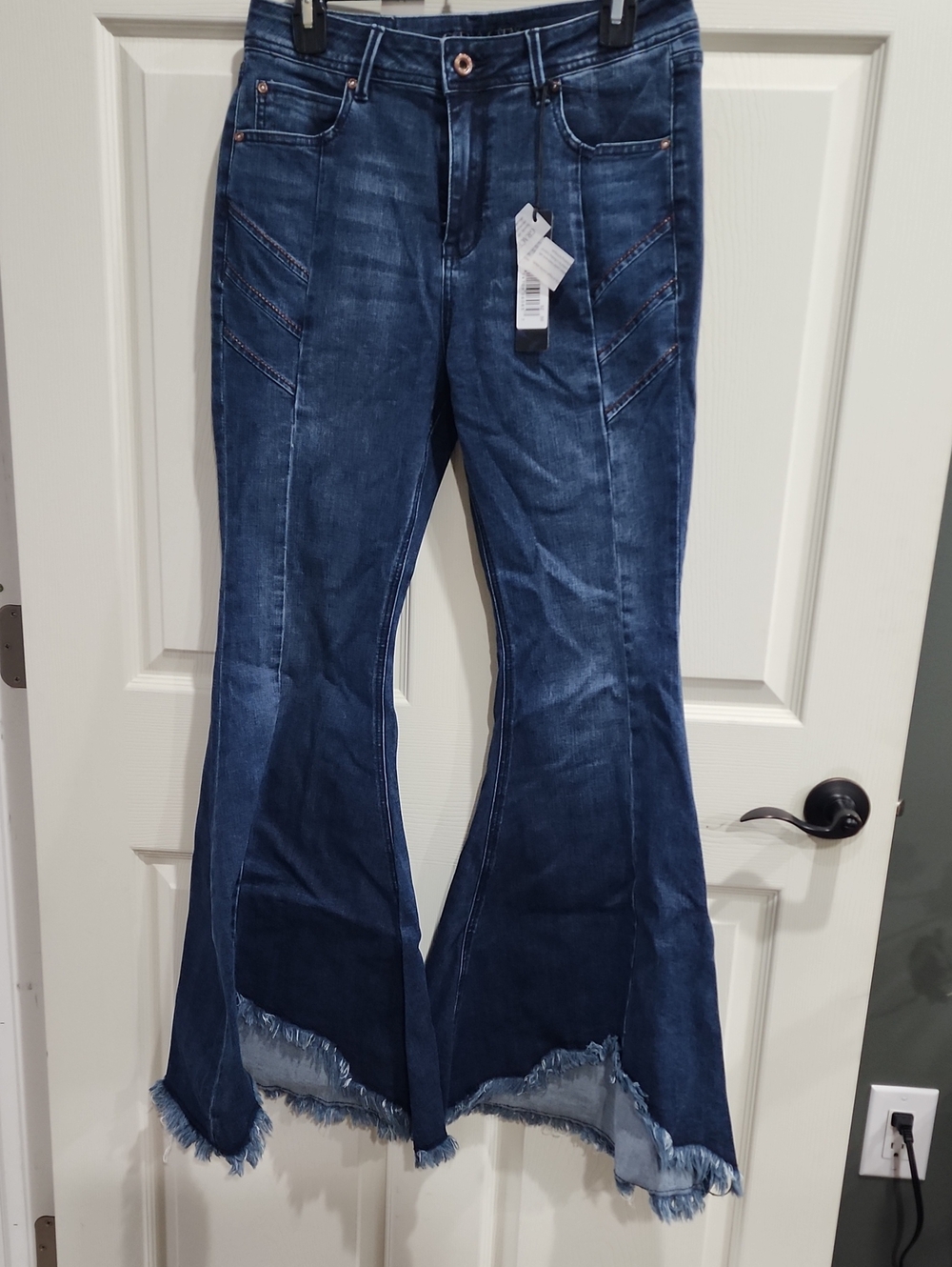 Grace in LA Dark Blue Frayed-Hem Flare Jeans